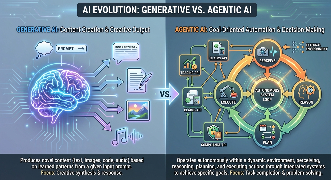 A conceptual diagram or infographic comparing Generative AI and Agentic AI. On the left, 'Generative AI' is depicted as a brain producing text and images in response to a prompt. On the right, 'Agentic AI' is shown as a dynamic system with nodes for 'Perceive', 'Reason', 'Plan', and 'Execute', connected to various system APIs (trading, claims, compliance) in a continuous loop.