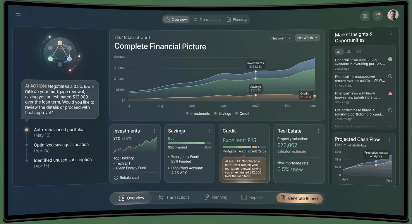 A sophisticated user interface dashboard for a personal finance AI agent. The screen shows a user's complete financial picture (investments, savings, credit) with the AI agent highlighting a proactive action it has taken, such as 'Auto rebalanced portfolio in response to market volatility' or 'Negotiated a 0.5% lower rate on your mortgage renewal'. The aesthetic is clean, data rich, and trustworthy.