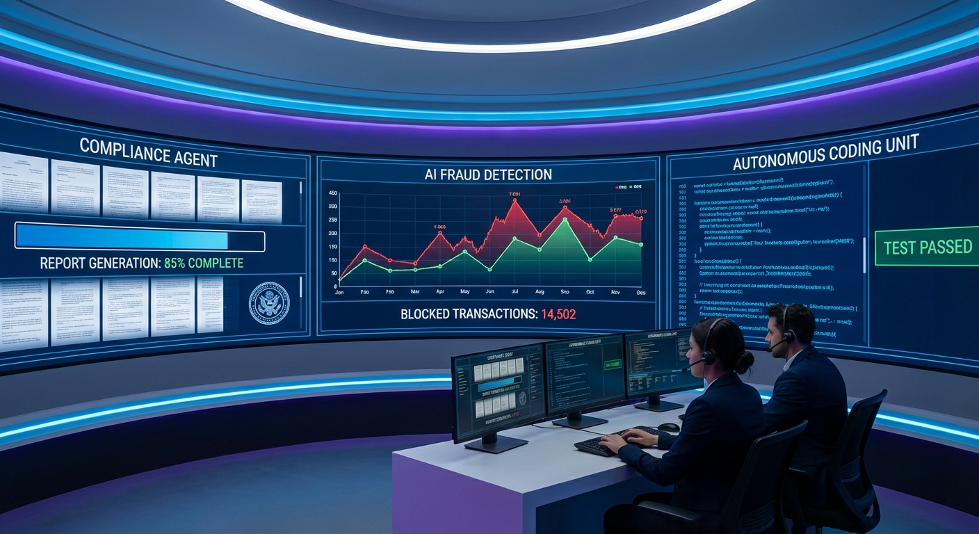 A visual representation of a digital 'mission control' for BFSI operations. Multiple screens show different AI agents at work: one screen shows a real time graph of detected and blocked fraudulent transactions; another shows a compliance agent automatically generating a regulatory report; a third screen shows code being written and tested by an autonomous coding agent.