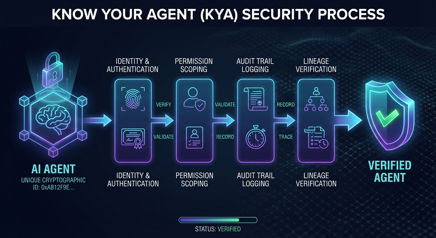 A conceptual security diagram illustrating the 'Know Your Agent' (KYA) process. It shows a digital representation of an AI agent with a unique cryptographic ID. The diagram traces its verification through steps like 'Identity & Authentication', 'Permission Scoping', 'Audit Trail Logging', and 'Lineage Verification', culminating in a 'Verified Agent' status symbol.