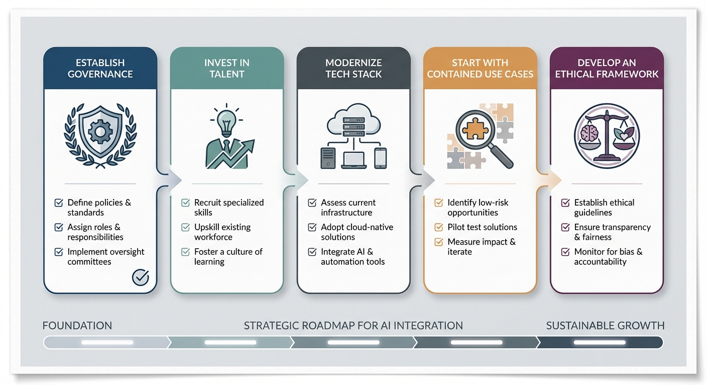 A clean, professional graphic that looks like a strategic roadmap or checklist. Key headings are 'Establish Governance', 'Invest in Talent', 'Modernize Tech Stack', 'Start with Contained Use Cases', and 'Develop an Ethical Framework'. Each heading has simple, elegant icons associated with it.