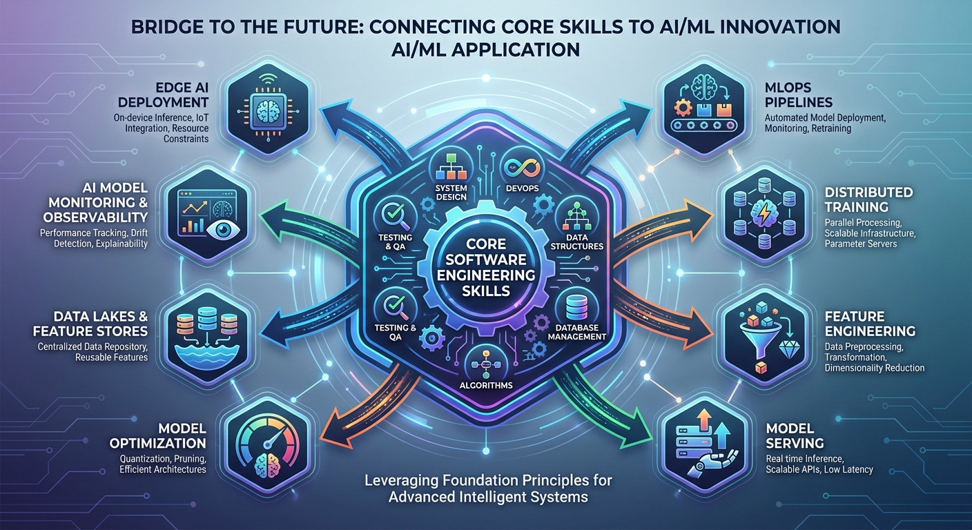 A diagram with 'Core Software Engineering Skills' in the center (e.g., System Design, DevOps, Data Structures, API Design). Arrows point outwards to corresponding 'AI/ML Applications' (e.g., MLOps Pipelines, Distributed Training, Feature Engineering, Model Serving). This visually connects existing skills to new AI concepts.