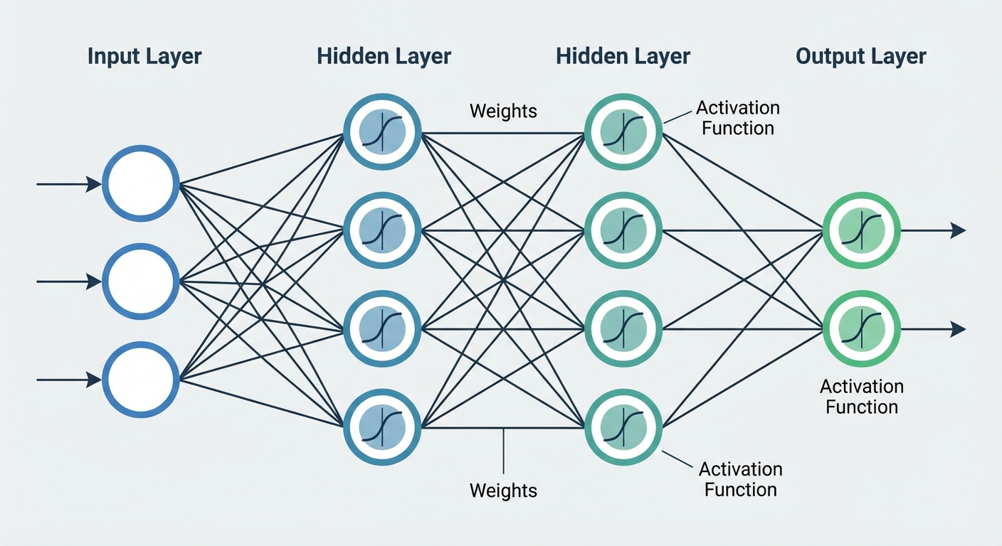 A clear, simplified animation or diagram showing the flow of data through a neural network. It should start with input nodes, move through several hidden layers with activation functions visualized, and end at output nodes. Annotations should label key components like 'Input Layer', 'Hidden Layer', 'Weights', 'Activation Function', and 'Output Layer'.