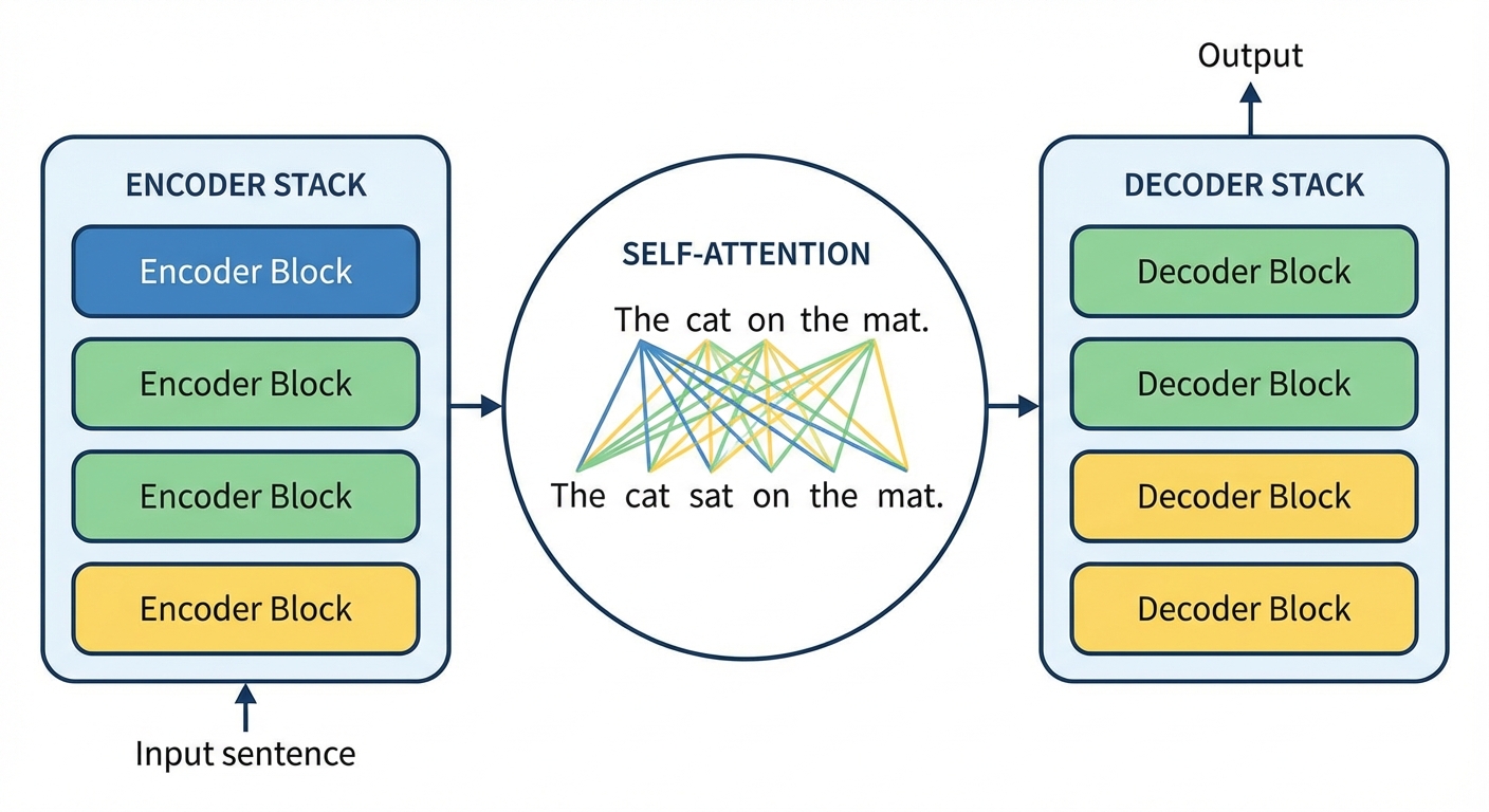 A visual representation of the Transformer architecture, simplified for clarity. It should highlight the 'Self Attention' mechanism with lines connecting different words in a sentence, and show the Encoder Decoder stack. The style should be clean and diagrammatic.