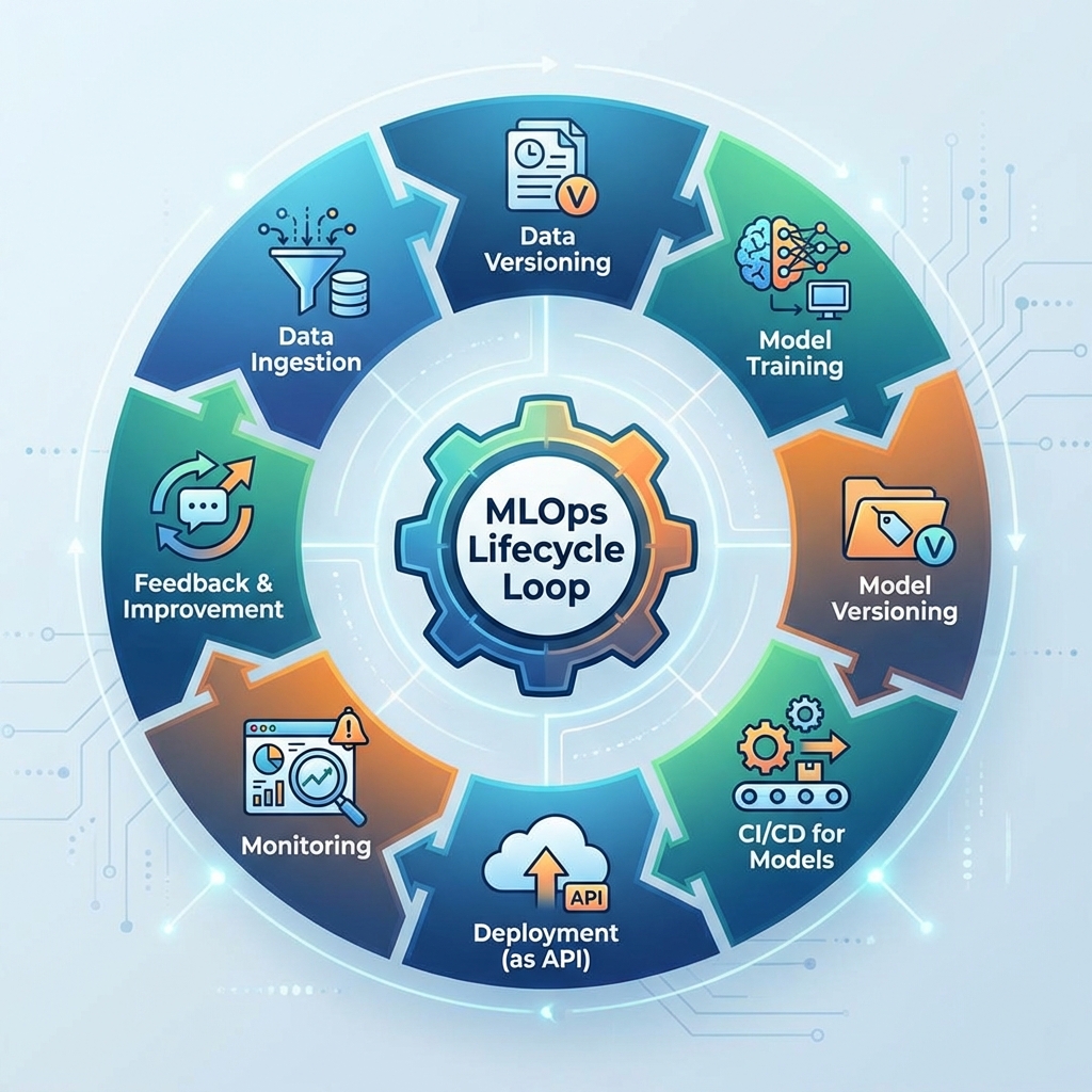 A circular infographic illustrating the MLOps lifecycle, similar to a DevOps loop. It should include stages like: Data Ingestion, Data Versioning, Model Training, Model Versioning, CI/CD for Models, Deployment (as API), and Monitoring & Feedback. Use icons for each stage.