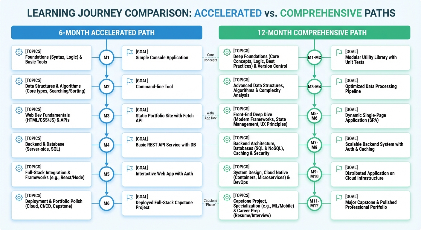 A clean, side by side comparison table or two parallel timelines. One is labeled '6 Month Accelerated Path' and the other '12 Month Comprehensive Path'. Each timeline is broken down by month, listing the key topics and project goals for that period, making it easy for readers to visualize their journey.